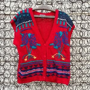 Vintage 90s Koret Red Floral Bouquet Embroidered Sweater Vest MEDIUM PETITE